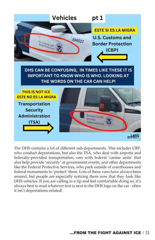 Vehicles ptl U.S. Customs and Border Protection DHS CAN BE CONFUSING, IN TIMES LIKE THESE IT IS IMPORTANT TO KNOW WHO IS WHO. LOOKING AT THE WORDS ON THE CAR CAN HELP! Transportation Security Administration (TSA) l ‘The DHS contains a lot of different sub-departments. This includes CBP, who conduct deportations, but also the TSA, who deal with airports and federally-provided transportation, cars with federal ‘canine units’ that also help provide ‘security’ at government events, and other departments like the Federal Protective Services, who park outside of courthouses and federal monuments toprotect’ them. Lots of these vans have always been around, but people are especially noticing them now that they look like DHS vehicles. If you are calling in a tip and feel comfortable doing so, it’s always best to read whatever text is next to the DHS logo on the car - often itisn’t deportations-related! ...FROM THE FIGHT AGAINST ICE | 31